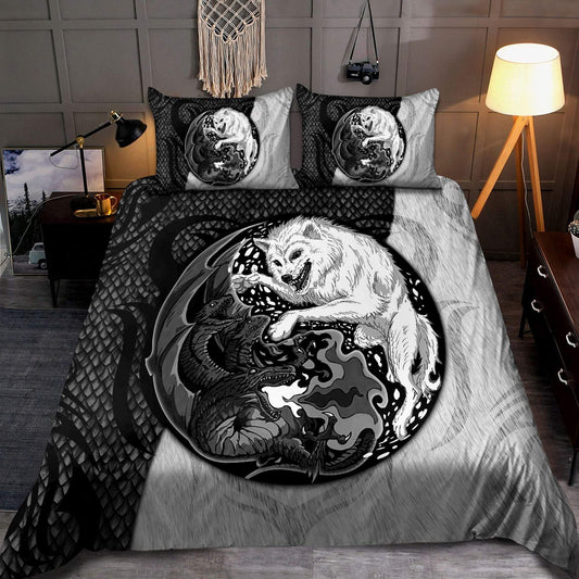 Black And White Dragon And Wolf Fantasy Bedding Cover For Fantasy Bedroom Decor