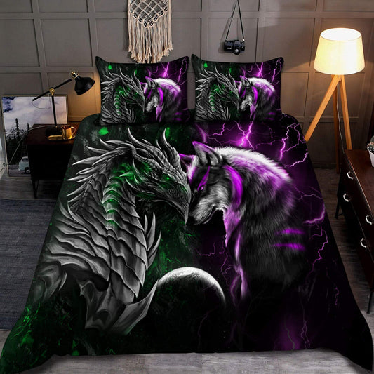 Green And Purple Dragon And Wolf Fantasy Bedding Cover For Fantasy Bedroom Decor