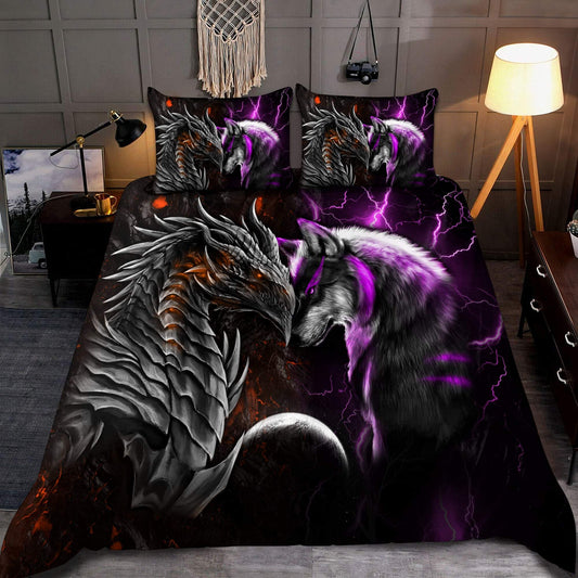Orange And Purple Dragon And Wolf Fantasy Bedding Cover For Fantasy Bedroom Decor