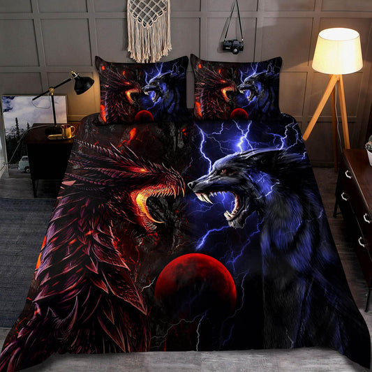 Red And Blue Dragon And Wolf Fantasy Bedding Cover For Fantasy Bedroom Decor