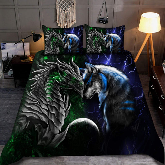 Green And Blue Dragon And Wolf Fantasy Bedding Cover For Fantasy Bedroom Decor