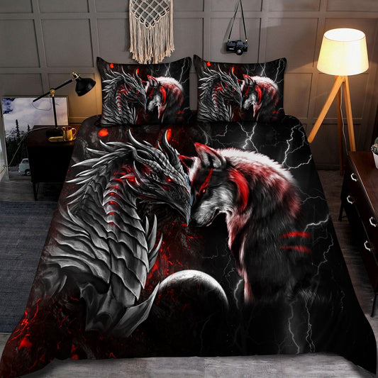 Red Dragon And Wolf Fantasy Bedding Cover For Fantasy Bedroom Decor