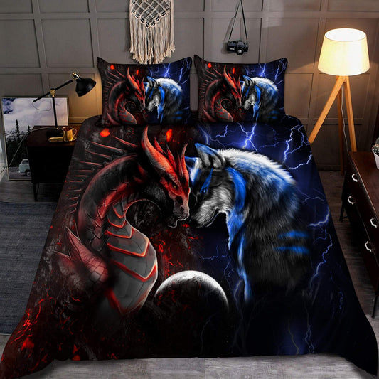 Red And Blue Dragon And Wolf Fantasy Bedding Cover For Fantasy Bedroom Decor