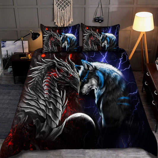 Red And Blue Dragon And Wolf Fantasy Bedding Cover For Fantasy Bedroom Decor
