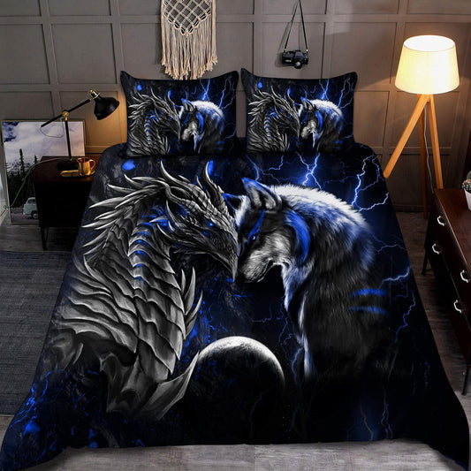 Blue Dragon And Wolf Fantasy Bedding Cover For Fantasy Bedroom Decor