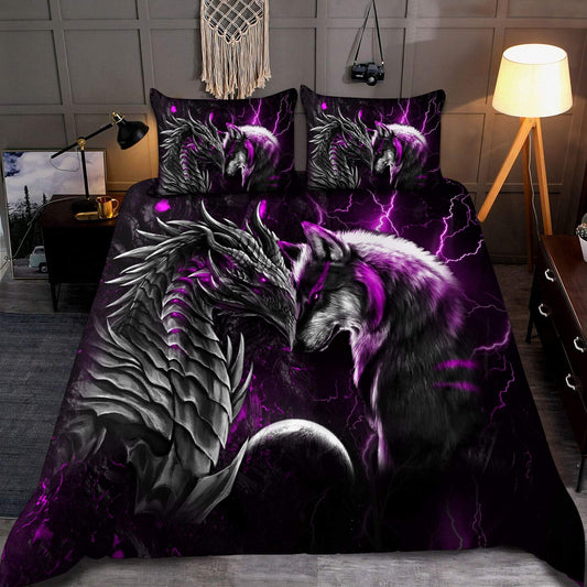Purple Dragon And Wolf Fantasy Bedding Cover For Fantasy Bedroom Decor