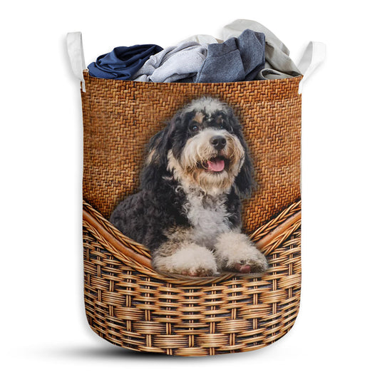 S: 17.72”x13.78” (45x35 cm) Bernedoodle Dog Rattan Teaxture - Laundry Basket - Owls Matrix LTD