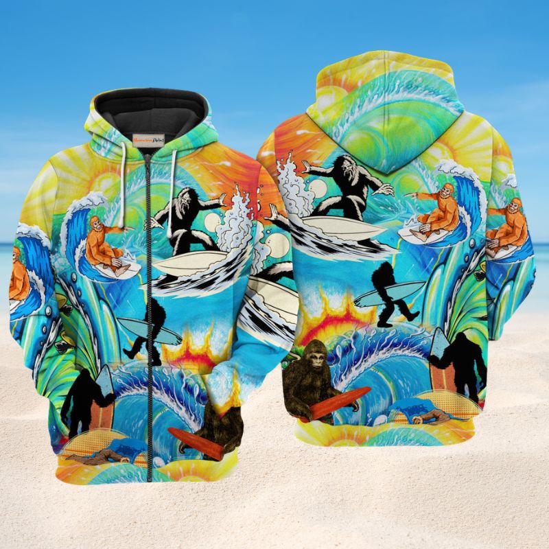 Bigfoot Surfing Funny Art – 3D Hoodie