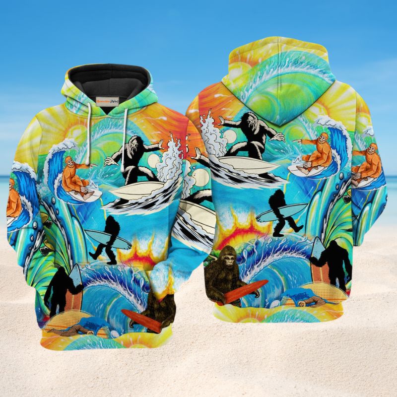 Bigfoot Surfing Funny Art – 3D Hoodie