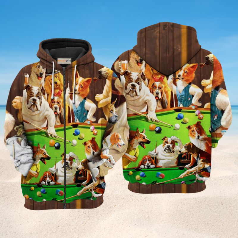 Billiard Dogs Playing Pool Art – 3D Hoodie