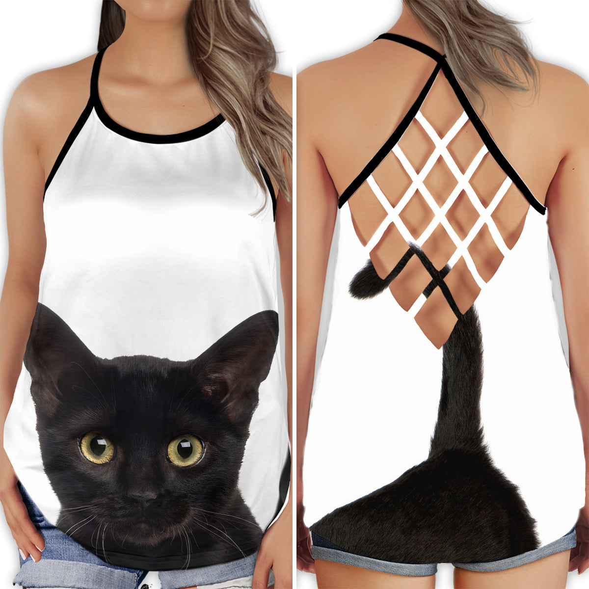Black Cat White Cute Minimal Aesthetic Animal Style - Hollow Tank Top