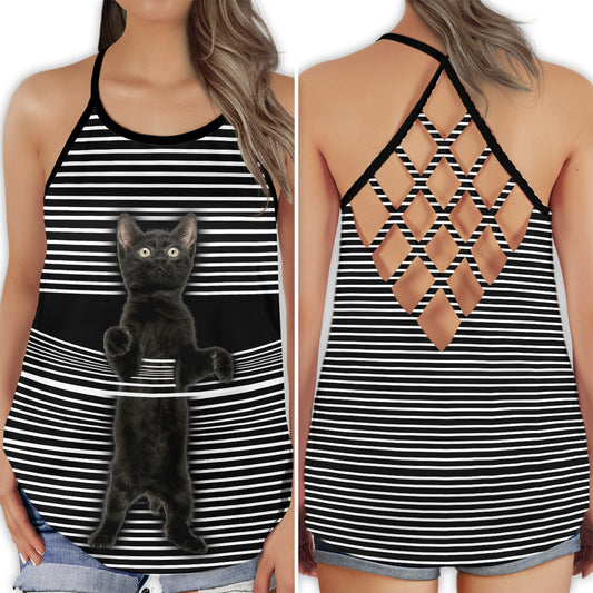 Black Cat Stripe Pattern – Hollow Tank Top