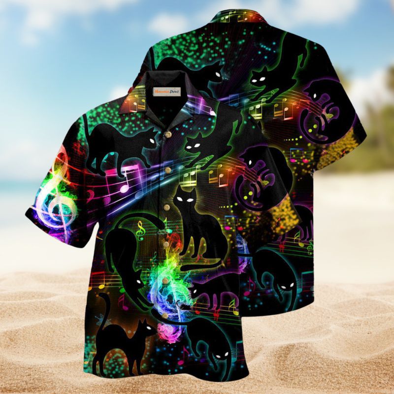 Black Cat Magical Light Music Notes Edition – Hawaiian Shirt