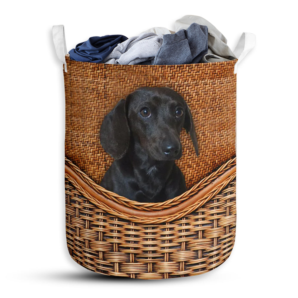 S: 17.72”x13.78” (45x35 cm) Black Dachshund Dog Rattan Teaxture - Laundry Basket - Owls Matrix LTD