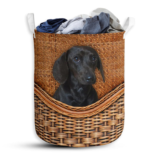 S: 17.72”x13.78” (45x35 cm) Black Dachshund Dog Rattan Teaxture - Laundry Basket - Owls Matrix LTD