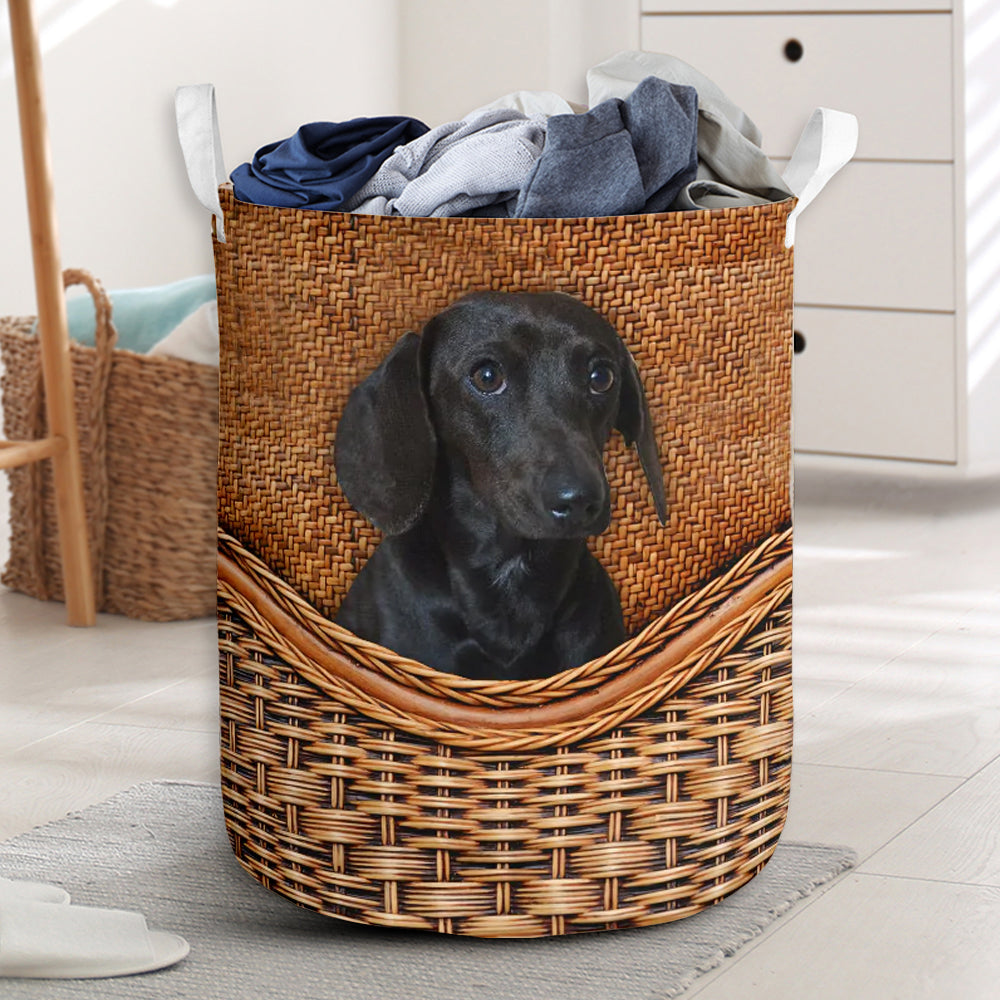 Black Dachshund Dog Rattan Teaxture - Laundry Basket - Owls Matrix LTD