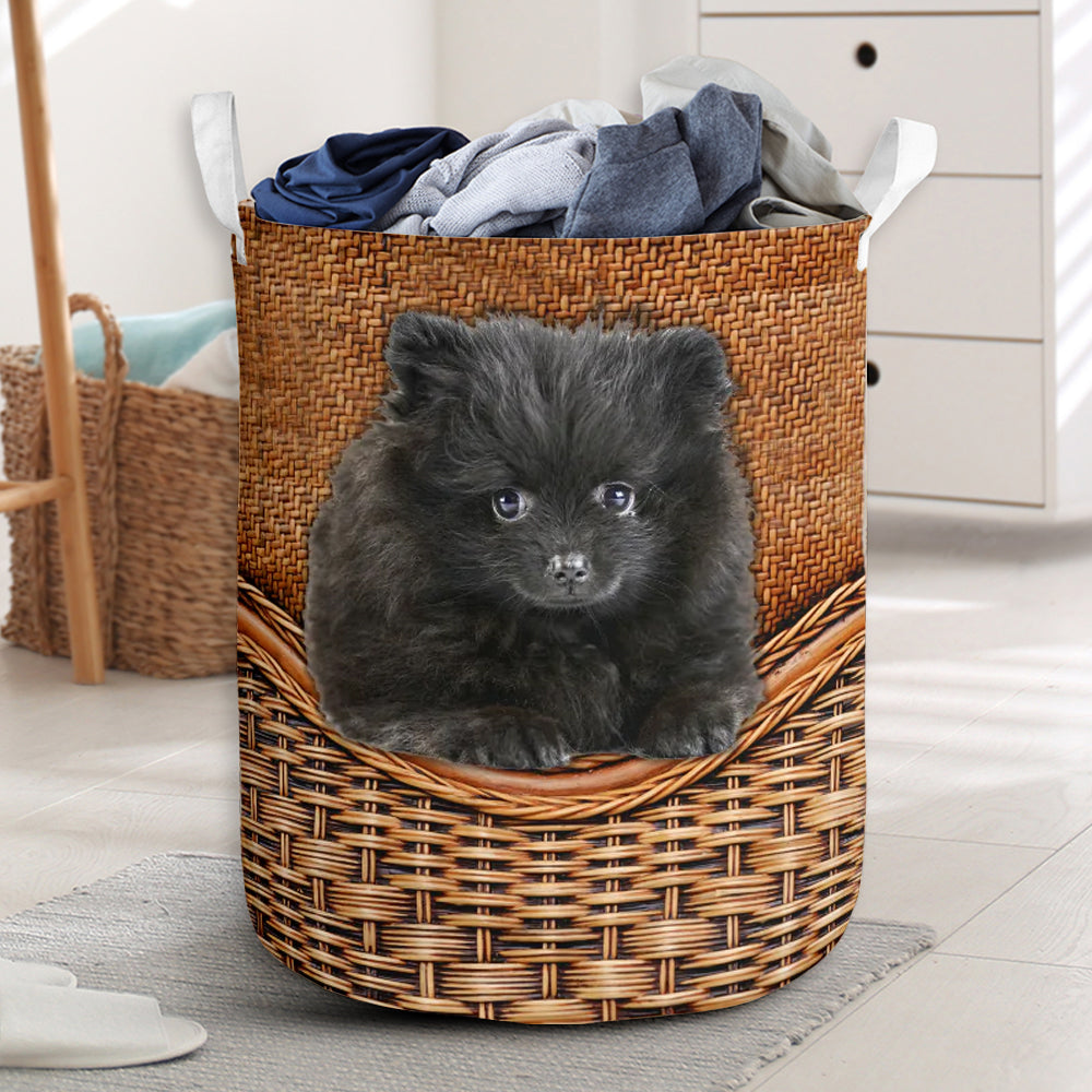 Black Pomeranian Dog Rattan Teaxture - Laundry Basket - Owls Matrix LTD