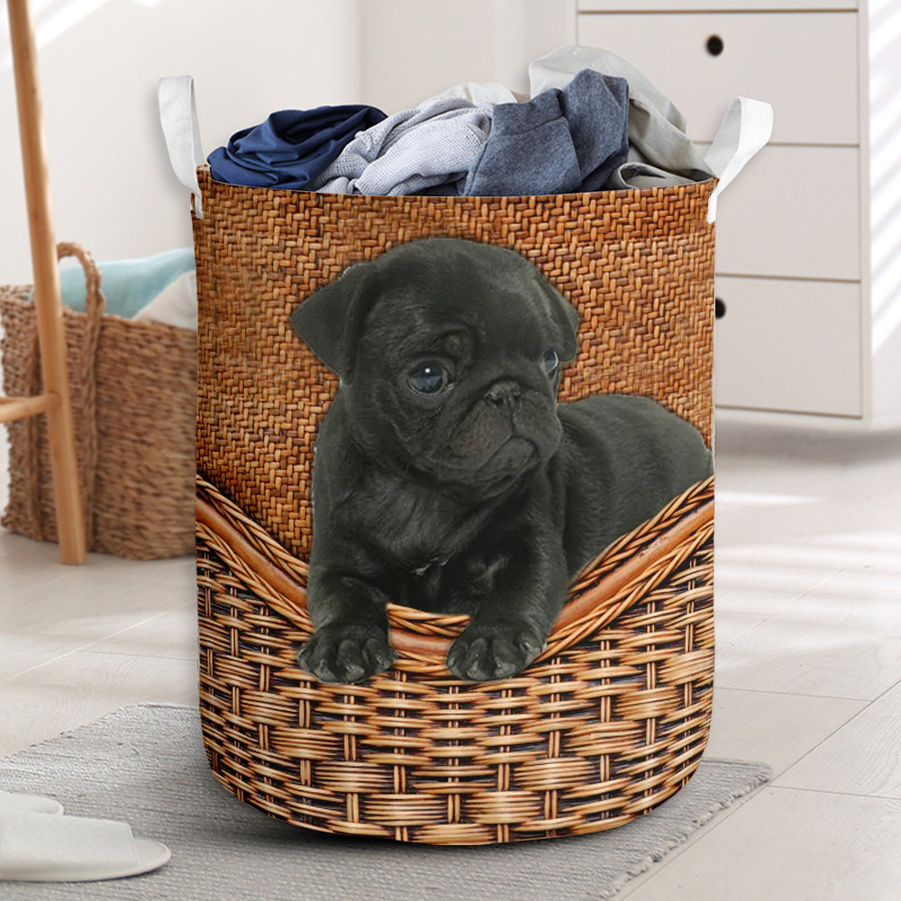 Black Pug Dog Rattan Teaxture - Laundry Basket - Owls Matrix LTD