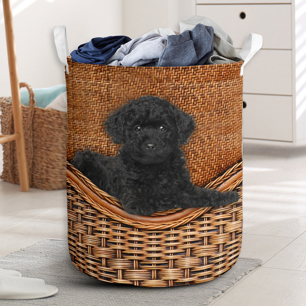 Black Toy Poodle Dog Rattan Teaxture - Laundry Basket - Owls Matrix LTD