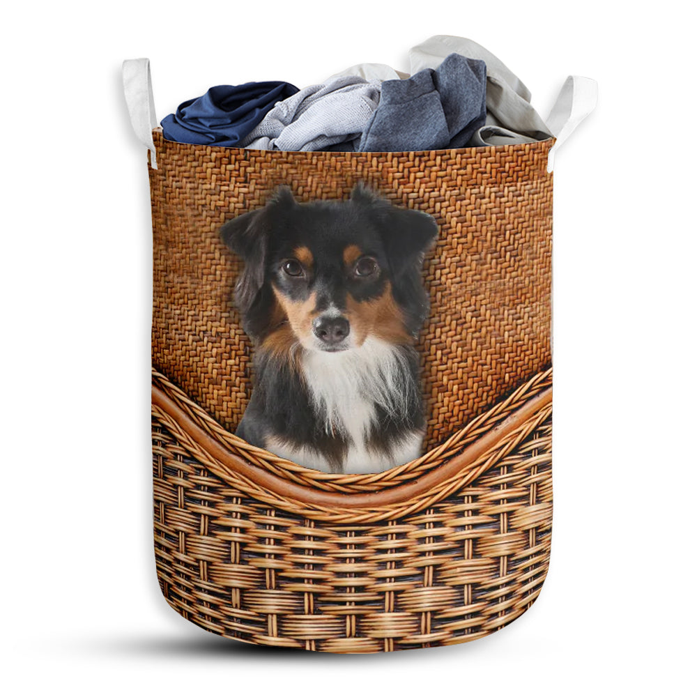 S: 17.72”x13.78” (45x35 cm) Black Tri Aussie Dog Rattan Teaxture - Laundry Basket - Owls Matrix LTD