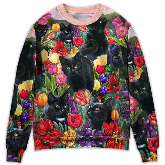 Black Cat Love Colorful Flowers Art – Sweater - Ugly Christmas Sweater