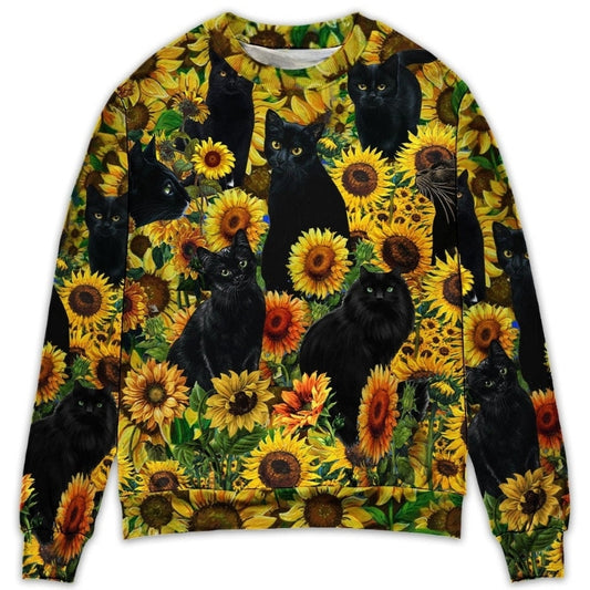 Black Cat Love Sunflower Art – Sweater - Ugly Christmas Sweater