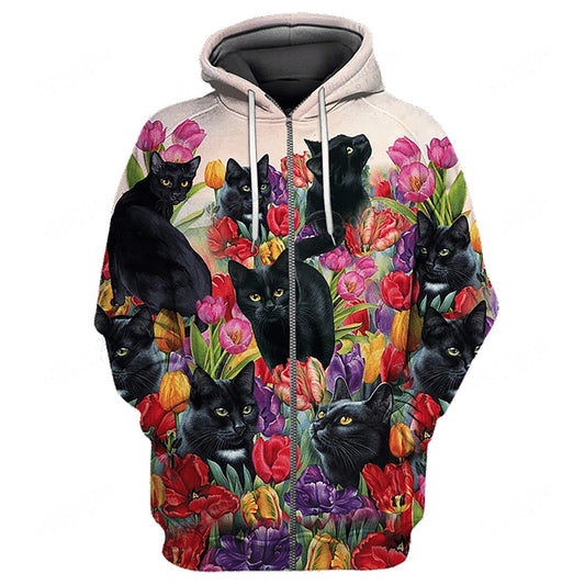 Black Cat Tulip Art - 3D Hoodie2