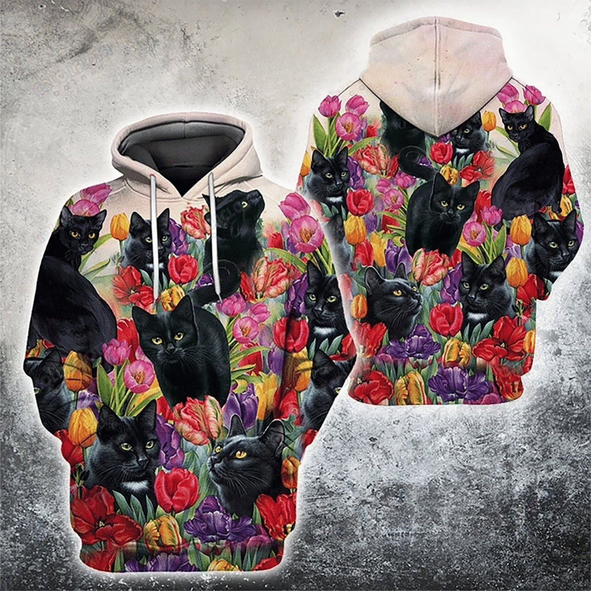 Black Cats Tulip Art – 3D Hoodie