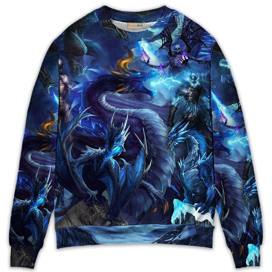 Blue Dragon Skull Fire Lightning Art – Sweater - Ugly Christmas Sweater