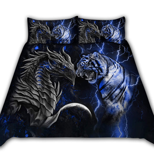 Blue Dragon And Tiger Battle Bedding Cover For Fantasy Bedroom Decor