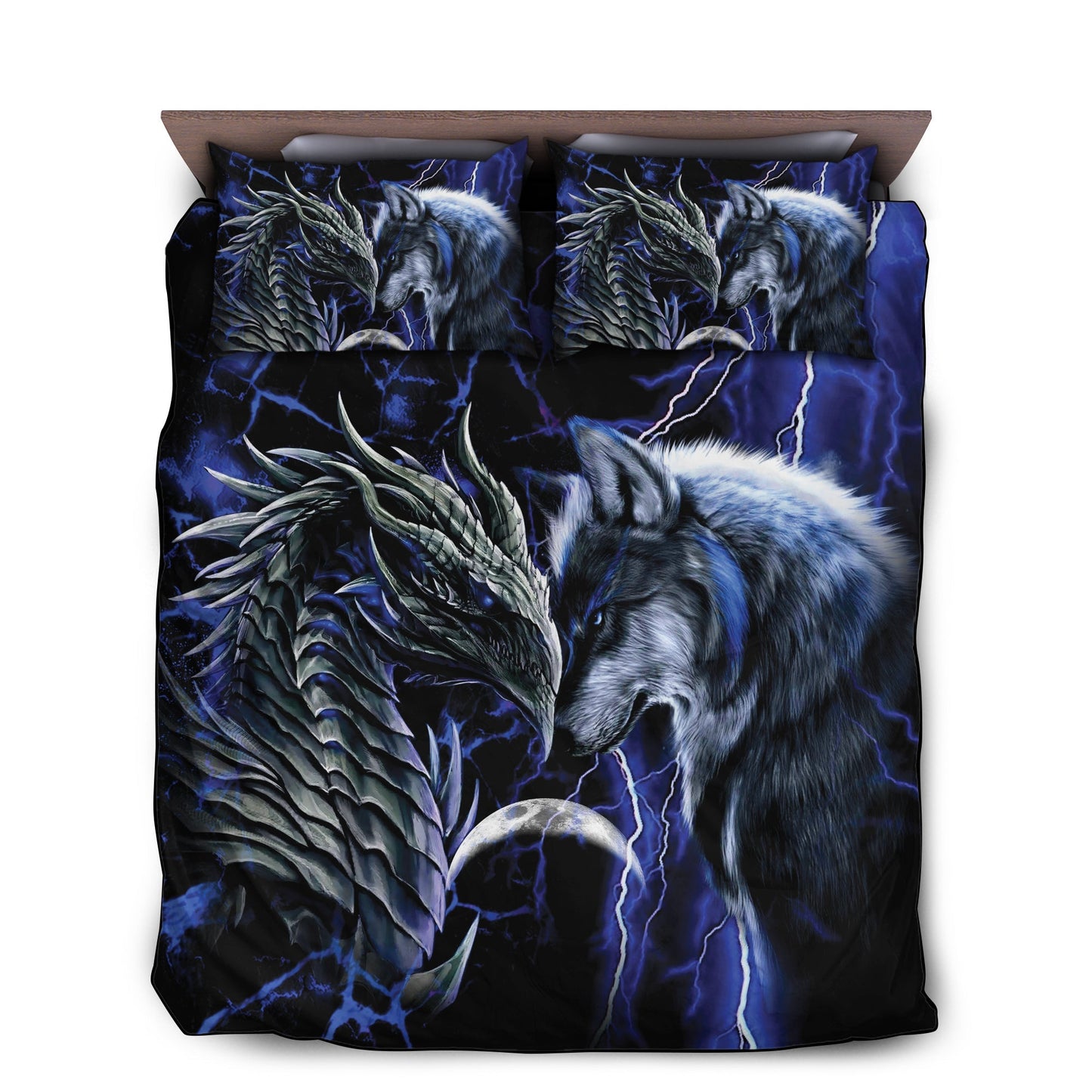 Blue Dragon And Wolf Bedding Cover For Fantasy Bedroom Decor