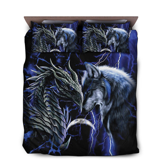 Blue Dragon And Wolf Bedding Cover For Fantasy Bedroom Decor