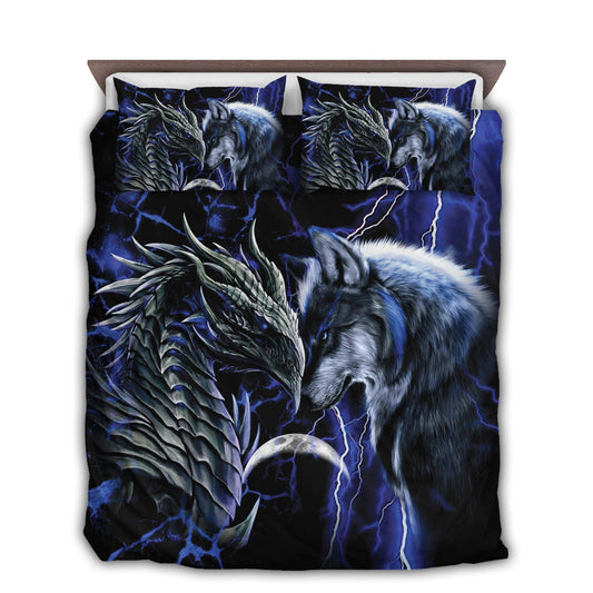Blue Dragon And Wolf Fantasy Bedding Cover For Fantasy Bedroom Decor
