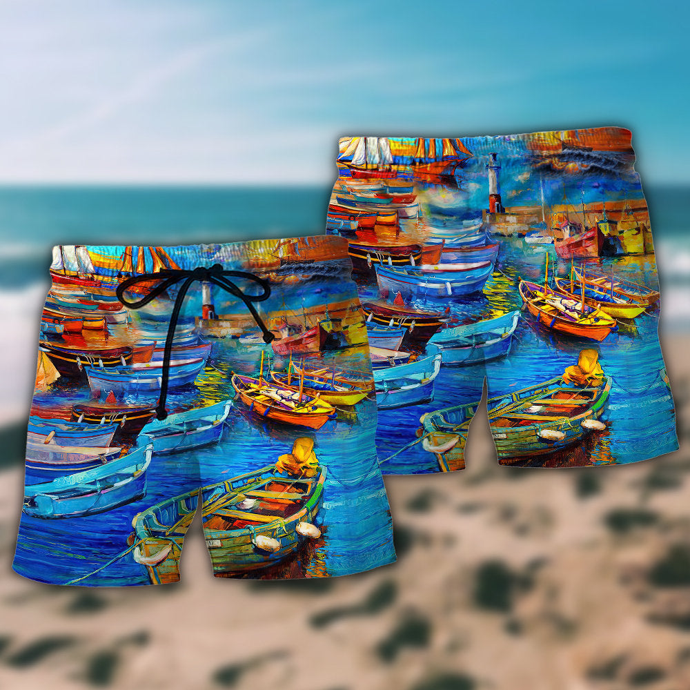 Harbor Boat Bygone Days Art - Beach Short