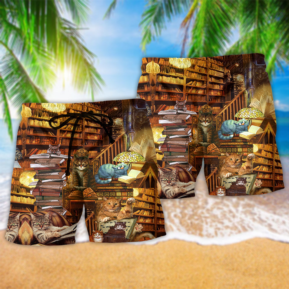 Book And Cat Happiness Art – Beach Short