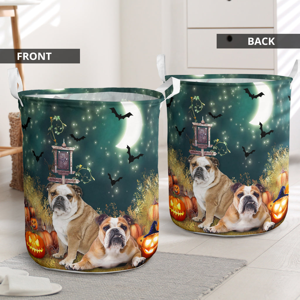 Bulldog Halloween Night Pumpkin - Laundry Basket - Owls Matrix LTD
