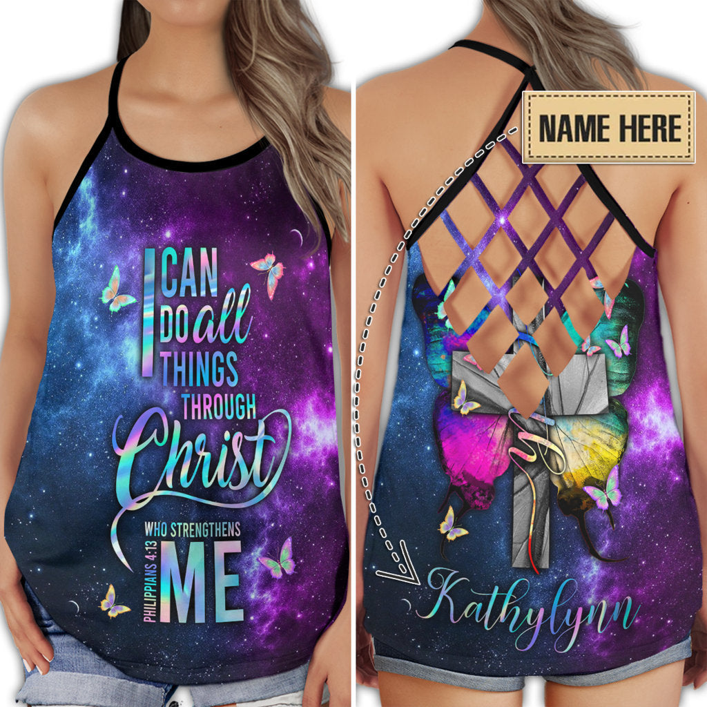 Butterfly I Can Do All Things Floral Motivation Quote Style - Hollow Tank Top