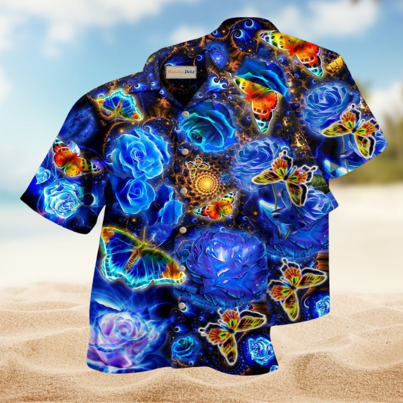 Butterfly Flower Glowing Blue Rose Edition – Hawaiian Shirt
