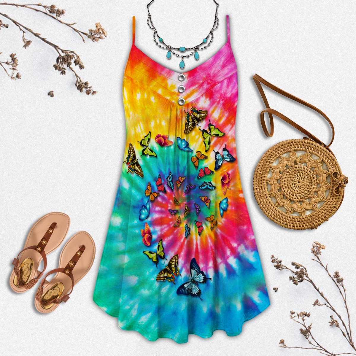 Butterfly Hippie Tie Dye Limited – Women's Summer Sleeveless V-Neck Camisole Dress