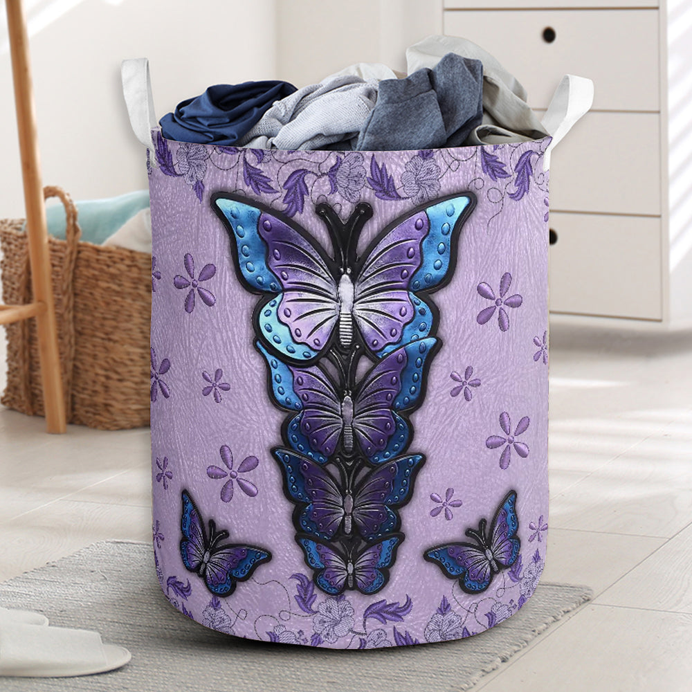 Butterfly Purple Leather Flower - Laundry Basket - Owls Matrix LTD