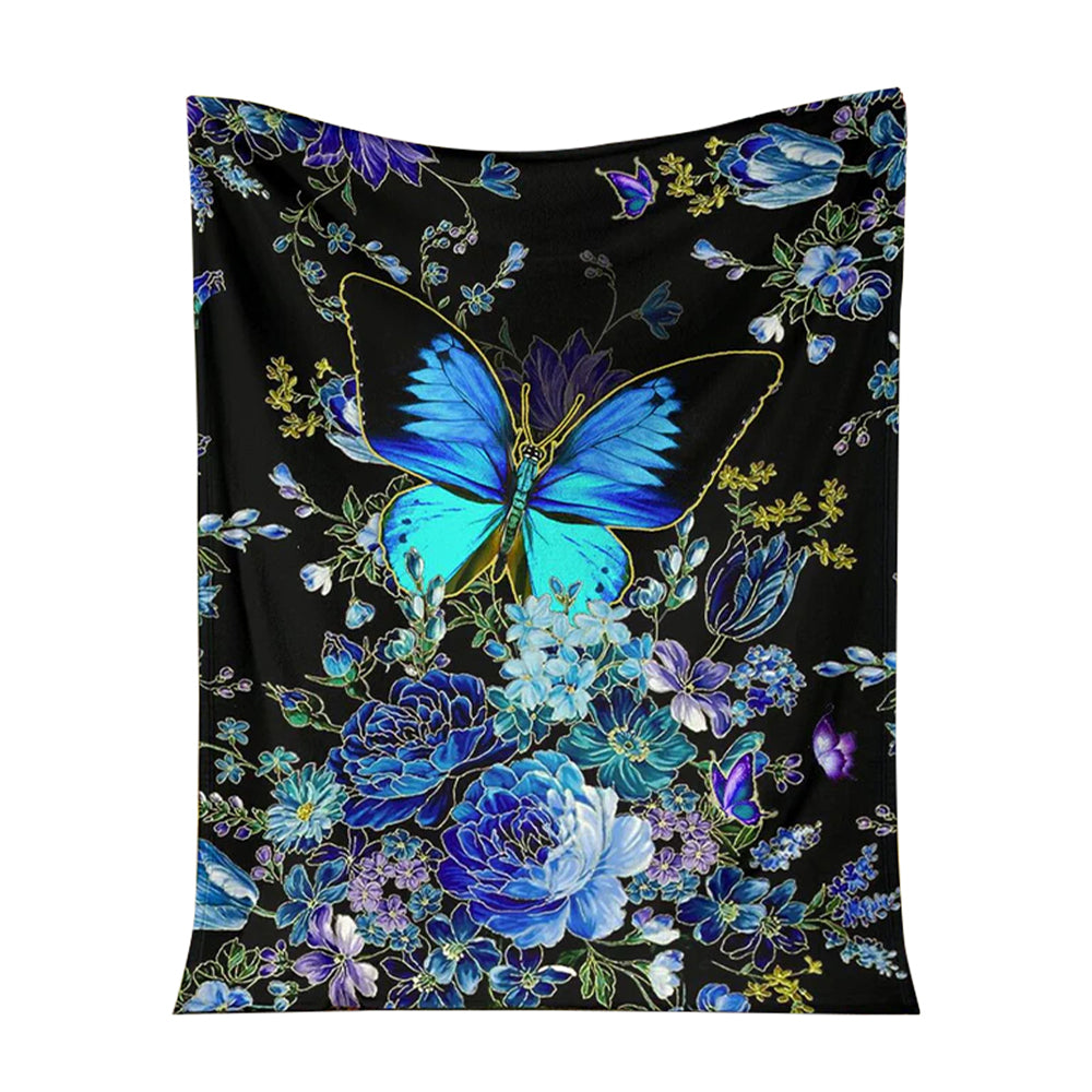 Butterfly With Blue Flowers 50 x 60 Inch Flannel Blanket For Cozy Bedroom And Sofa Decor