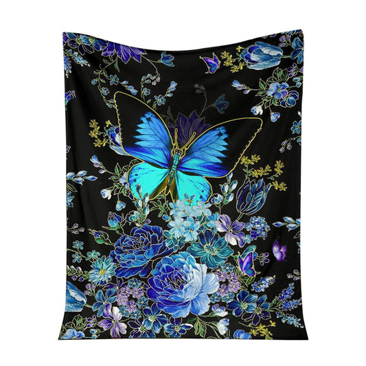 Butterfly With Blue Flowers 50 x 60 Inch Flannel Blanket For Cozy Bedroom And Sofa Decor