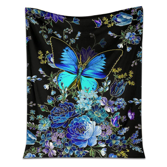 Butterfly With Blue Flowers 50 x 60 Inch Flannel Blanket For Cozy Bedroom And Sofa Decor