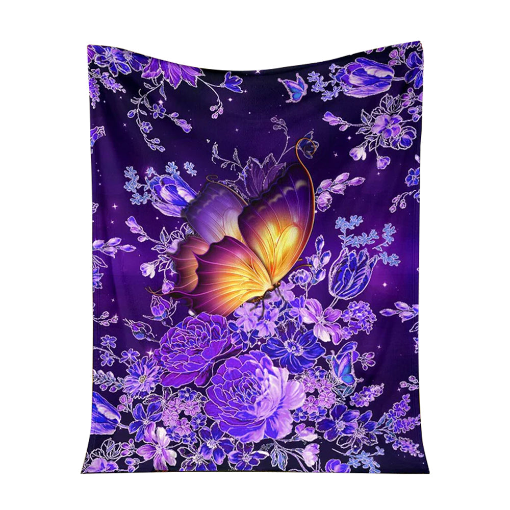 Butterfly With Purple Flowers 50 x 60 Inch Flannel Blanket For Cozy Bedroom And Sofa Decor