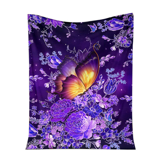 Butterfly With Purple Flowers 50 x 60 Inch Flannel Blanket For Cozy Bedroom And Sofa Decor