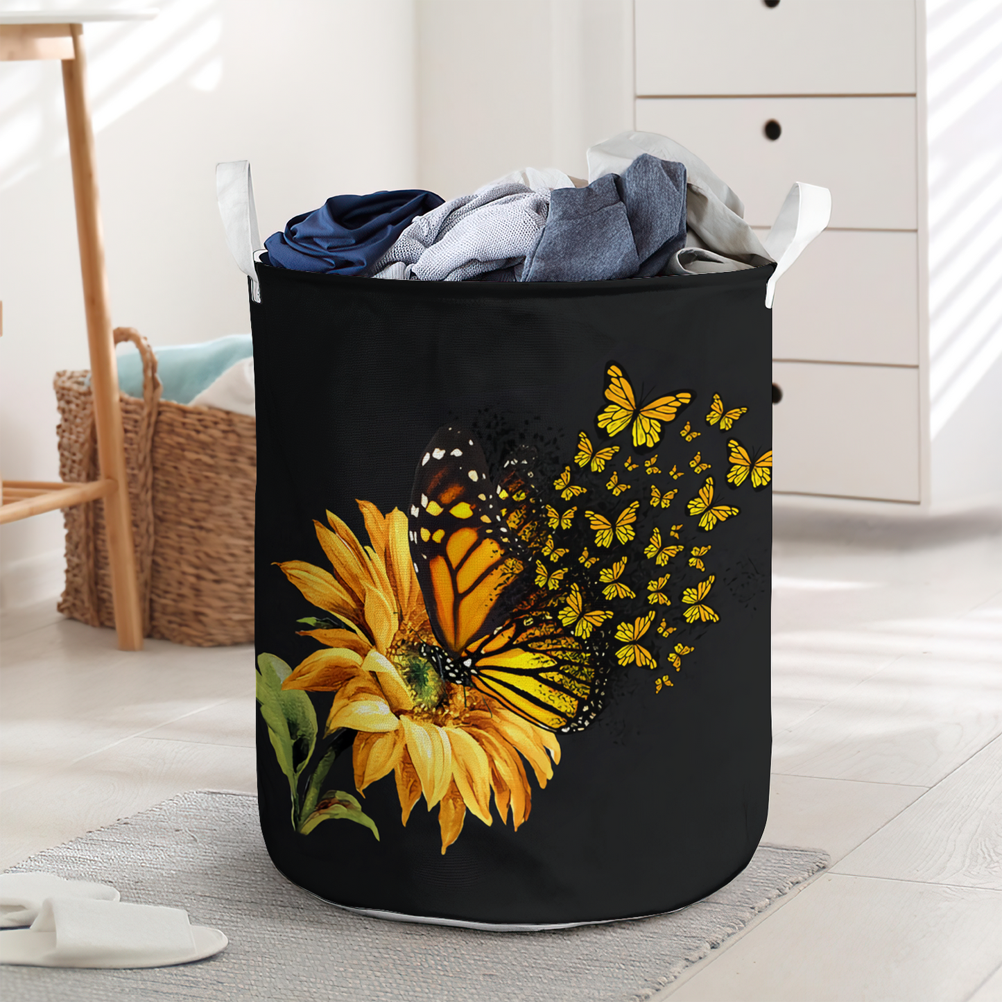 Butterfly sunflower black background - Laundry basket - LAUB06NGC010322-Owls Matrix