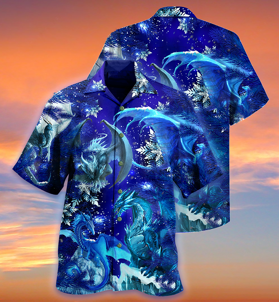 Dragon Merry Christmas Snow Love Blue Theme - Hawaiian Shirt
