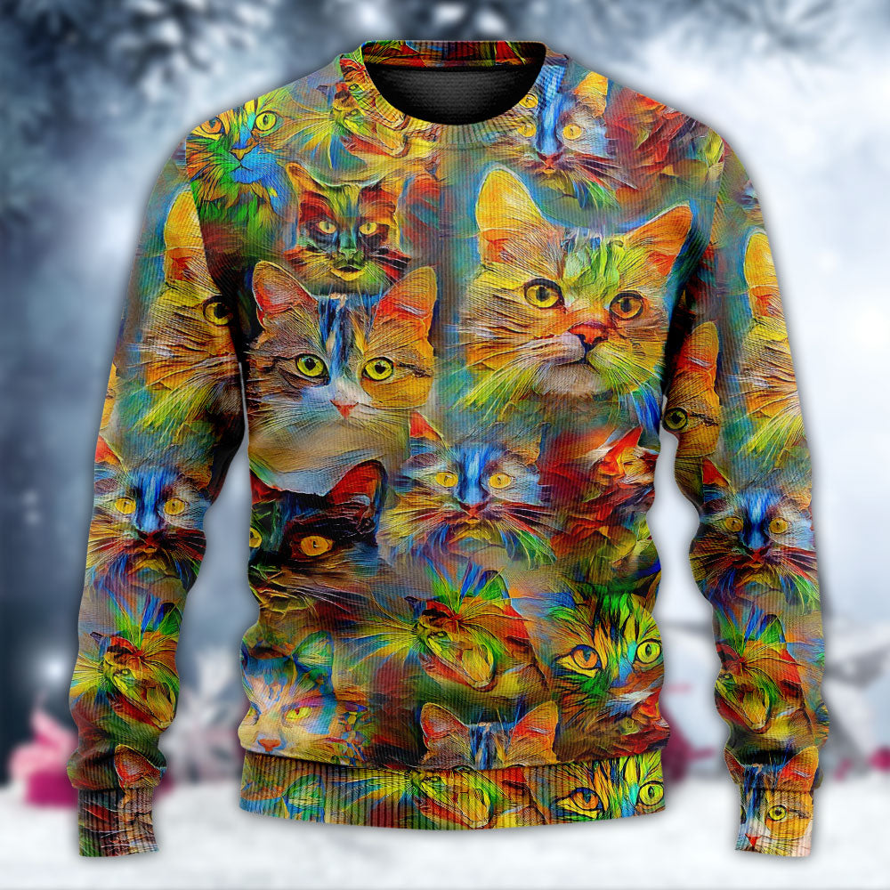 Beautiful Colorful Cat Painting Art – Sweater - Ugly Christmas Sweater