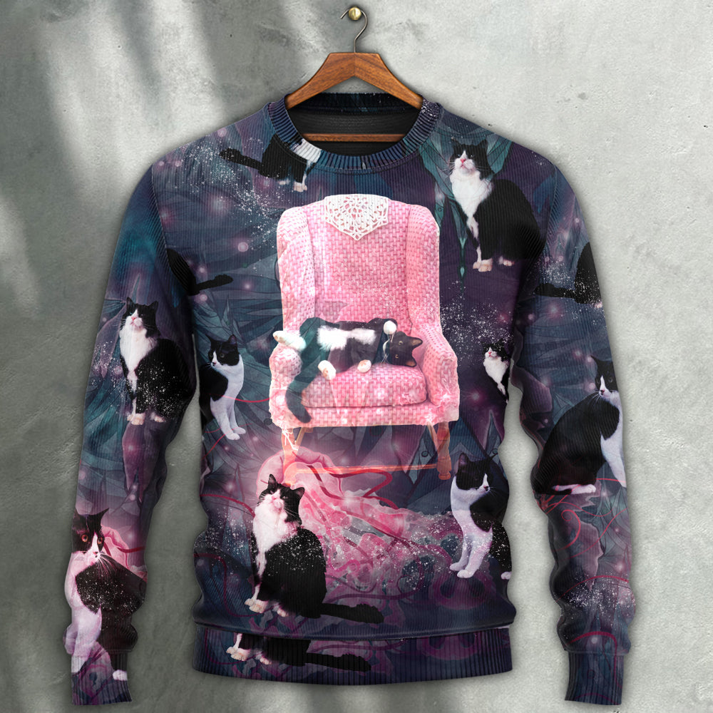 Lovely Cat On Pink Chair Art – Sweater - Ugly Christmas Sweater