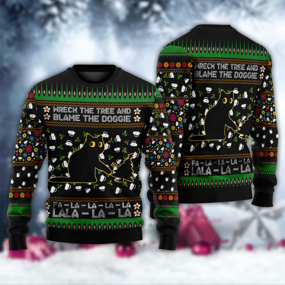 Black Cat Tree Mishap Funny Christmas – Sweater - Ugly Christmas Sweater